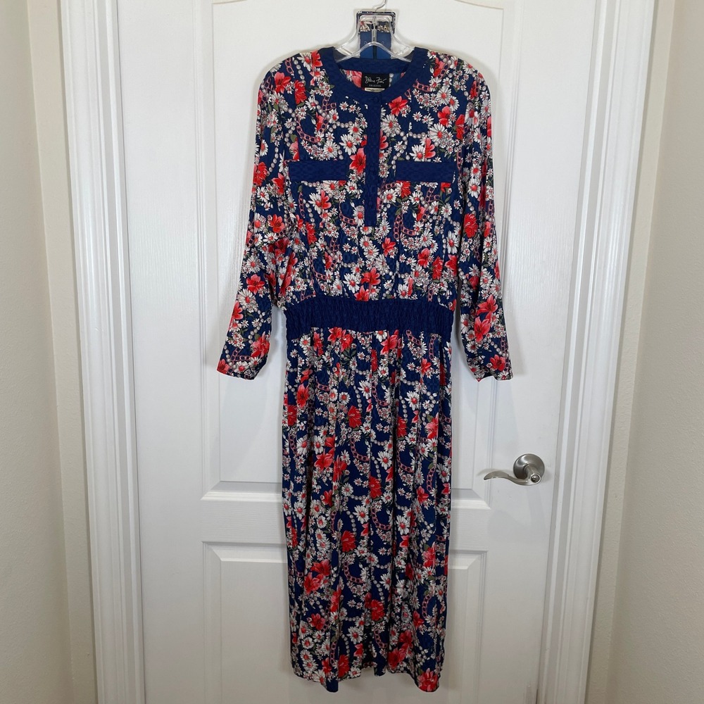 Diane Freis Vintage 80's Dress Navy Floral Long Sleeve Midi Retro‎ Belted M / L